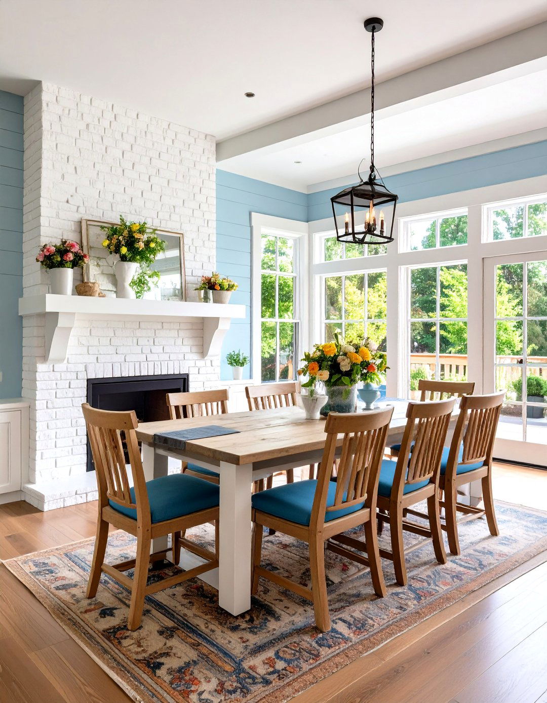 Farmhouse Whitewashed Brick Design - 24 Dining Room With Fireplace