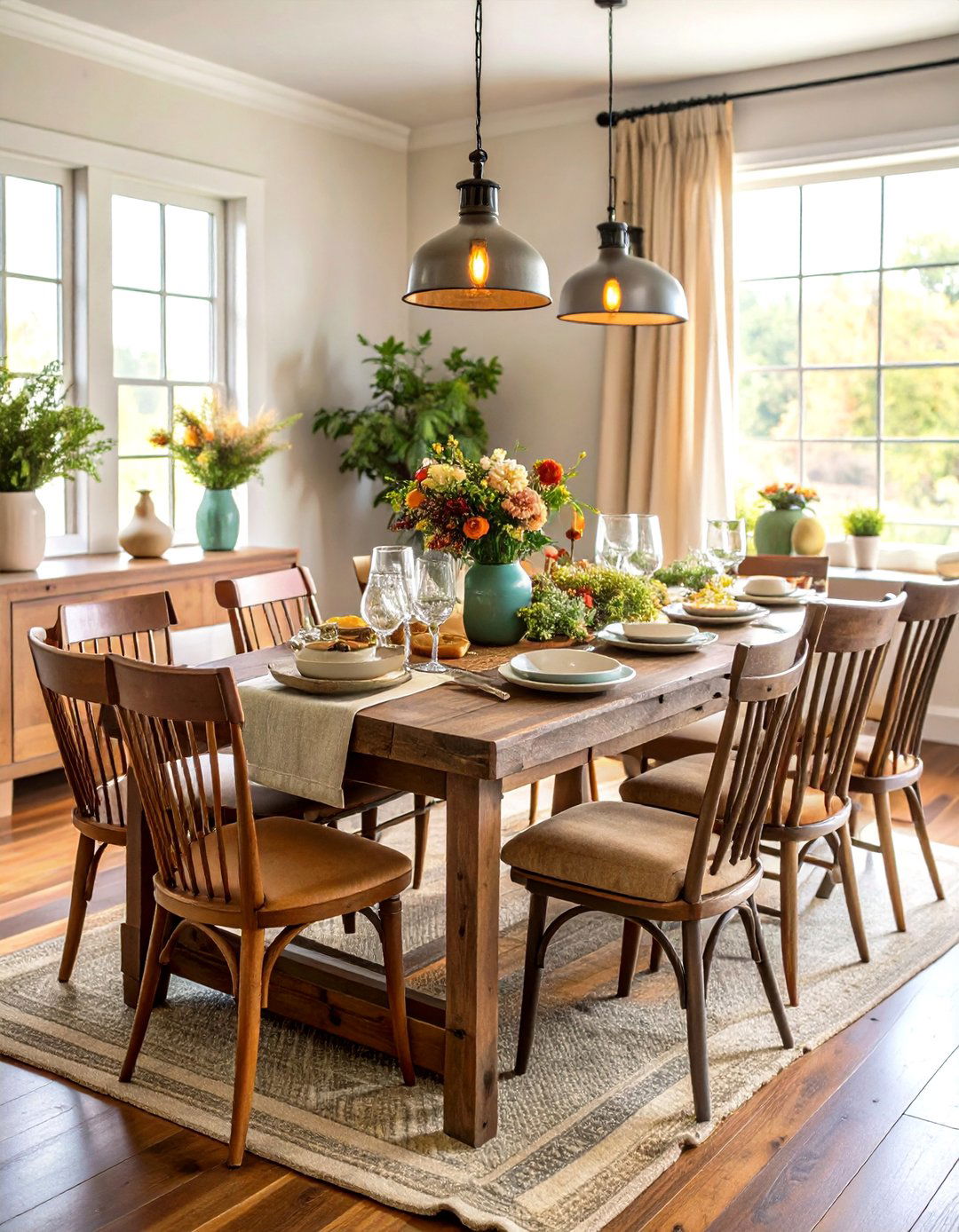 Farmhouse Wood Table with Mixed Seating - 24 Casual Dining Room Ideas