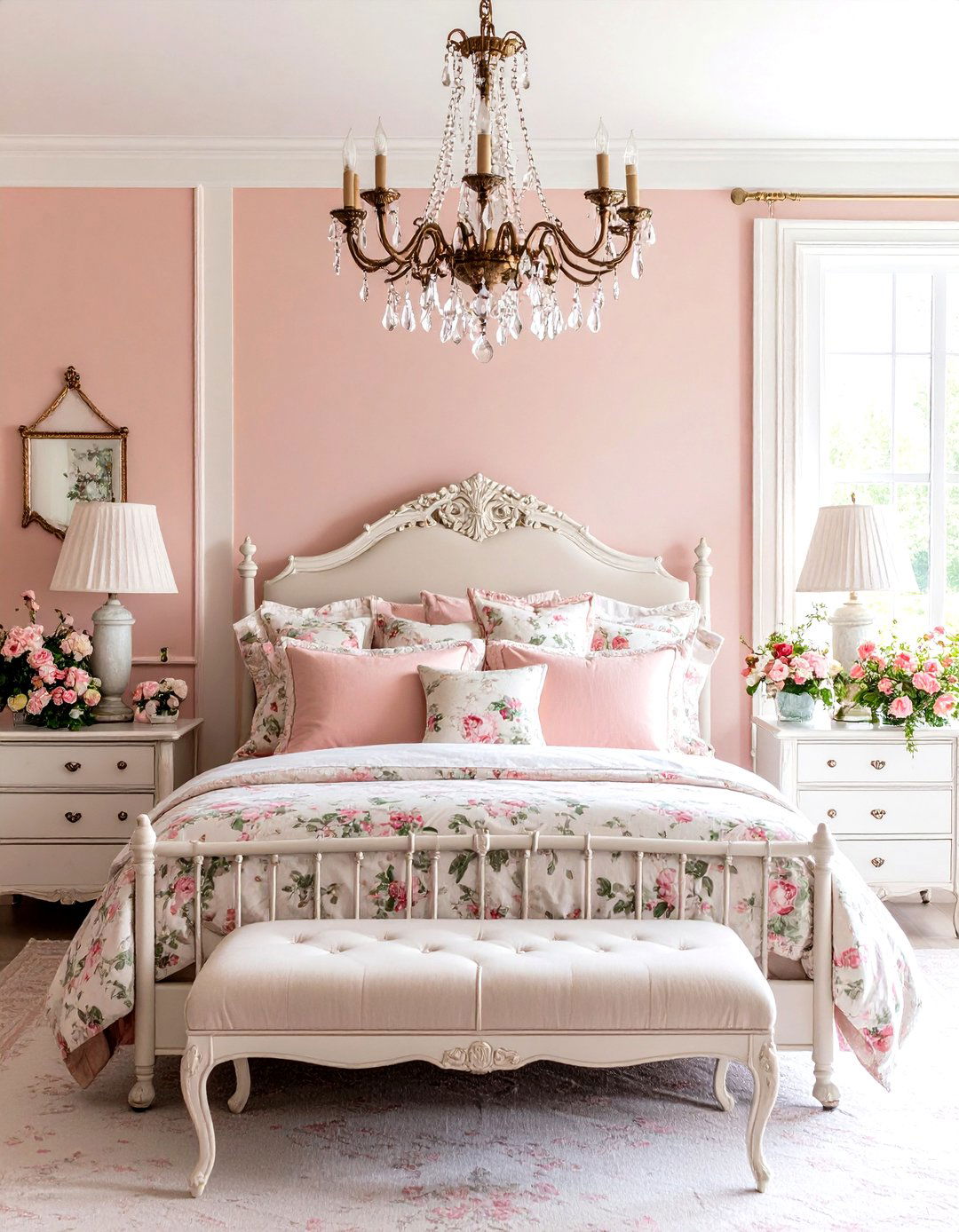 Feminine French Toile Bedroom with Pink and Green Details - 24 Parisian Themed Bedroom Ideas