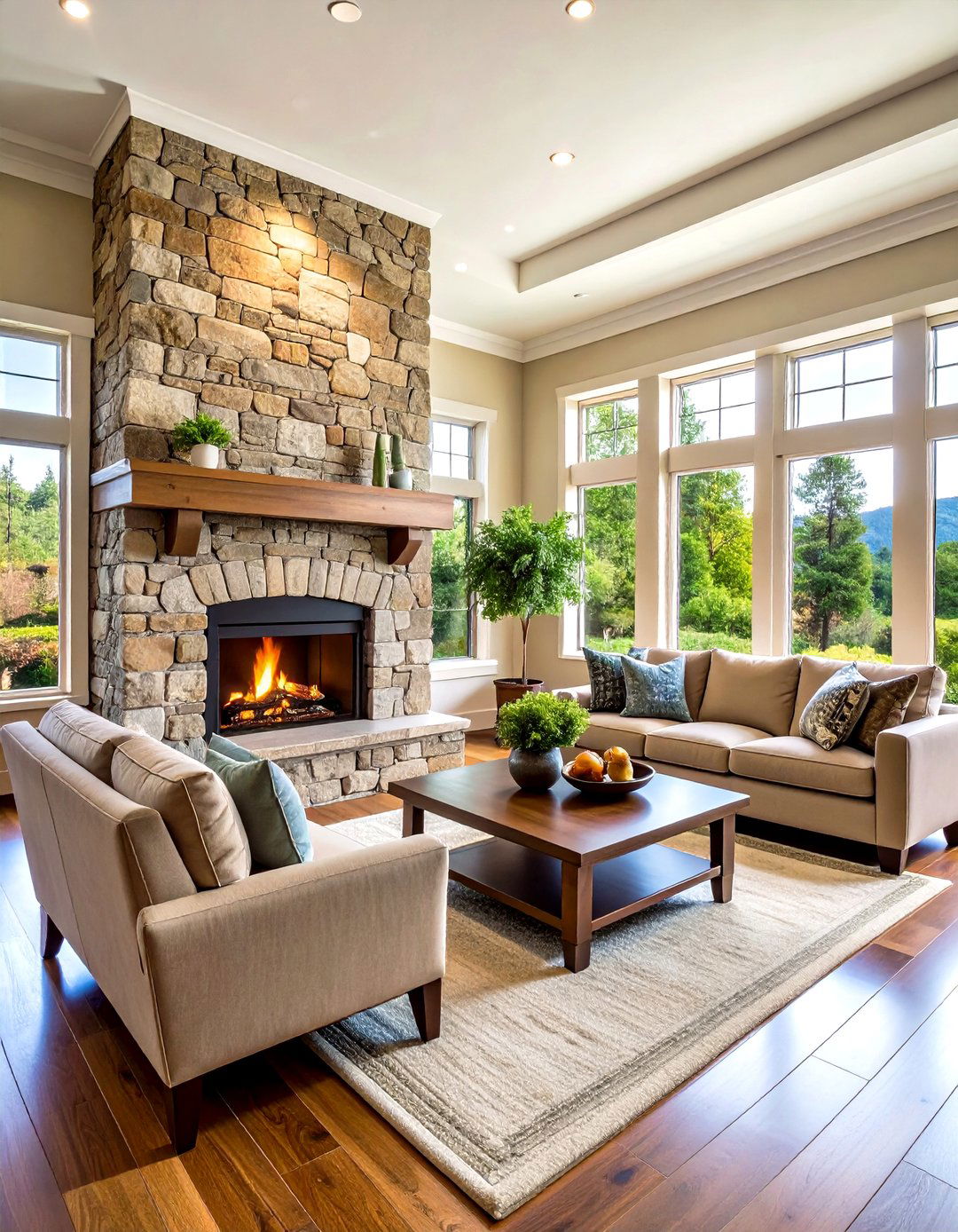 Fieldstone Mortar Joint Traditional Build - 24 Floor to Ceiling Stone Fireplace Ideas