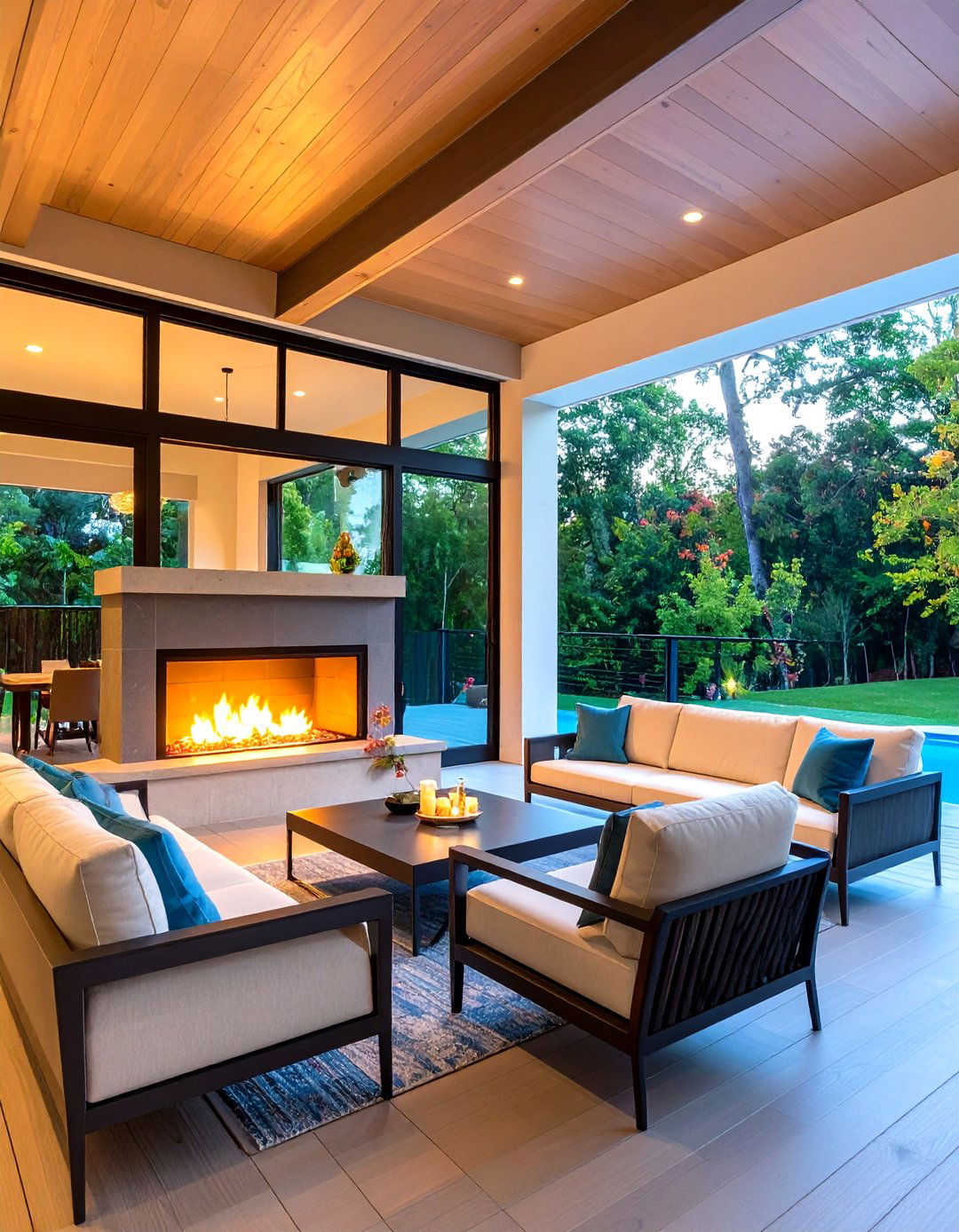 Fire Glass Modern Covered Deck Design - 24 Covered Deck With Fireplace Ideas