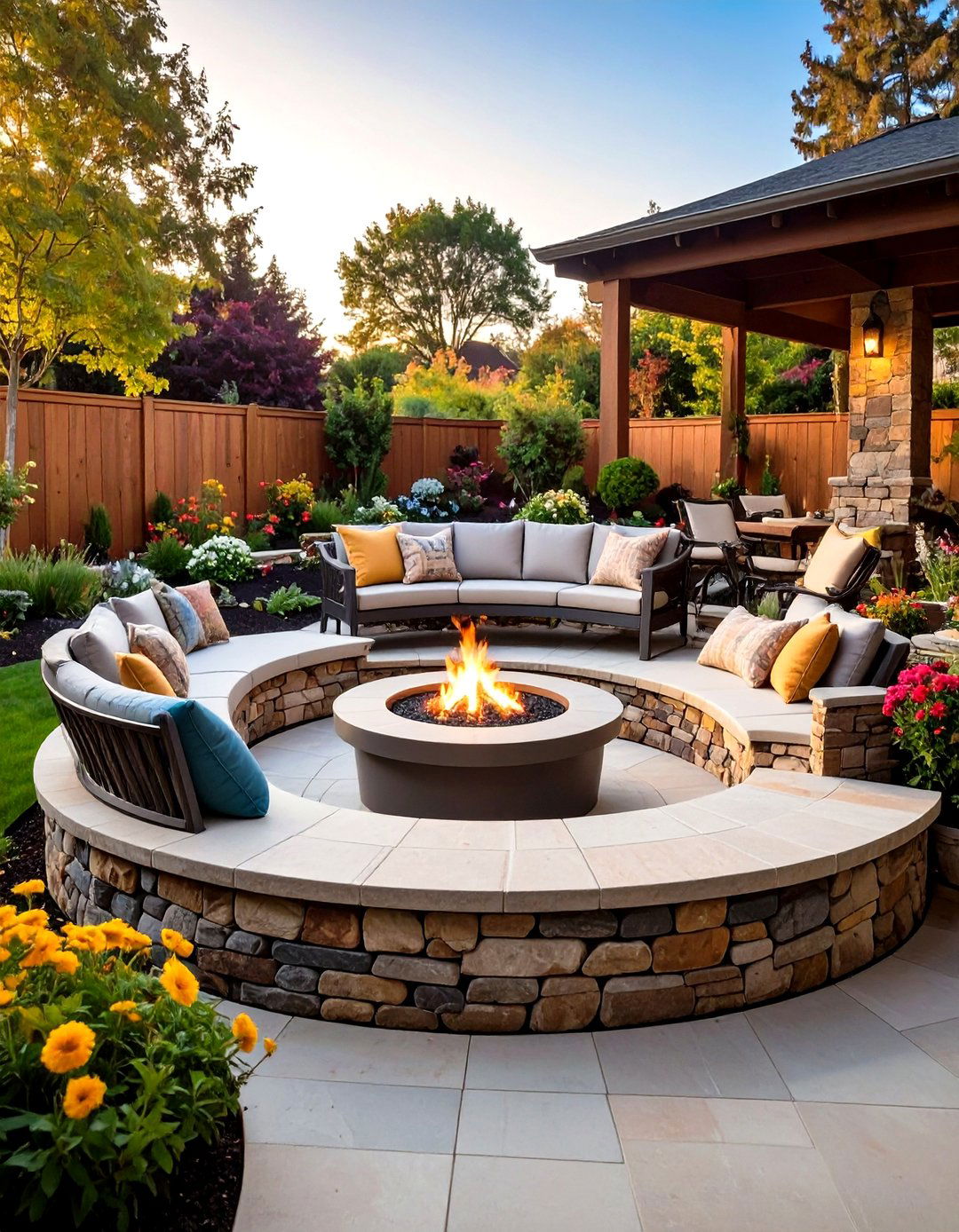 Fire Pit Semi Circle Patio with Stone Seating Wall - 24 Semi Circle Patio Ideas and Inspiration
