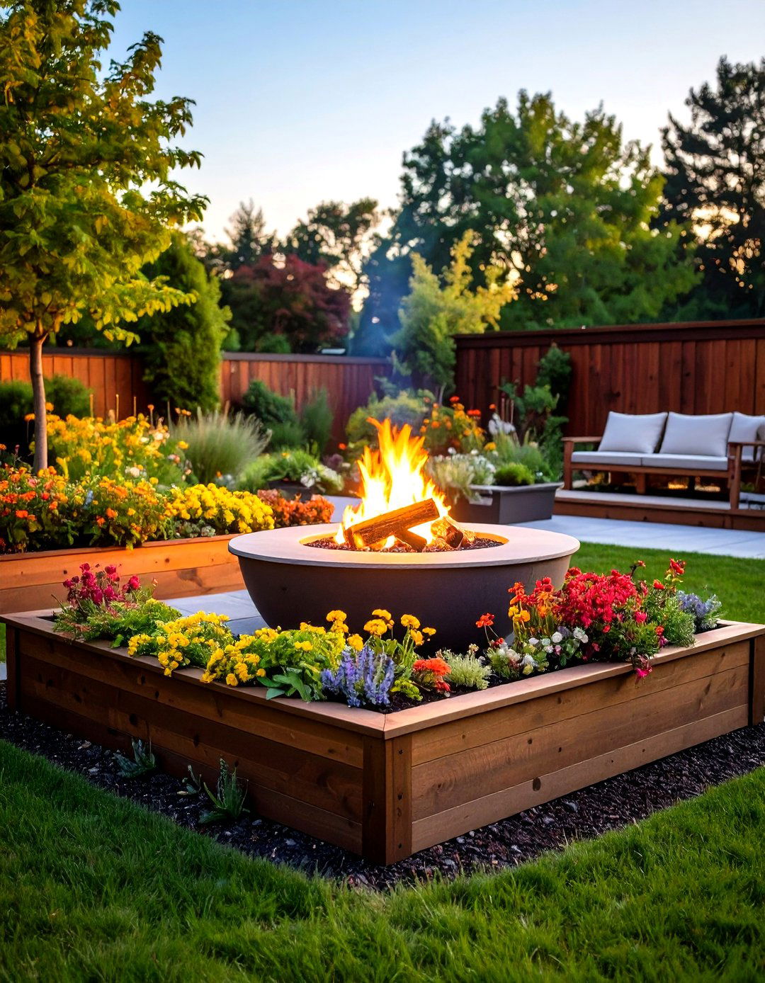 Fire Pit with Surrounding Raised Planter Beds - 24 Fire Pit Ideas