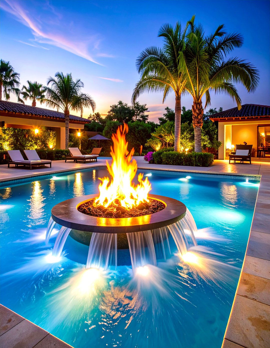 Fire and Water Combination Features - 24 Pool Fountain Ideas