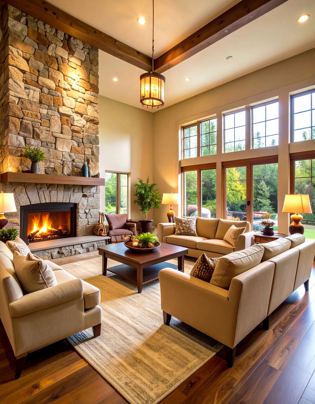 Fireplace Centered Great Room with Cozy Seating - 24 Great Room Ideas