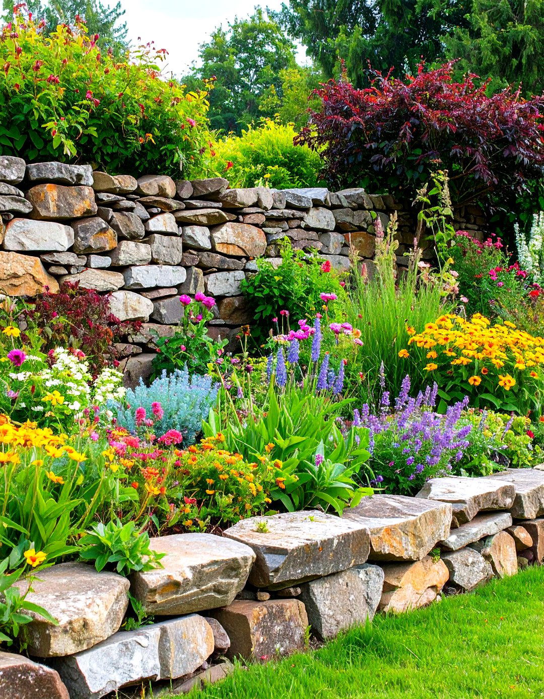 Flagstone Dry Stack Garden Wall - 24 Natural Rock Retaining Wall Ideas