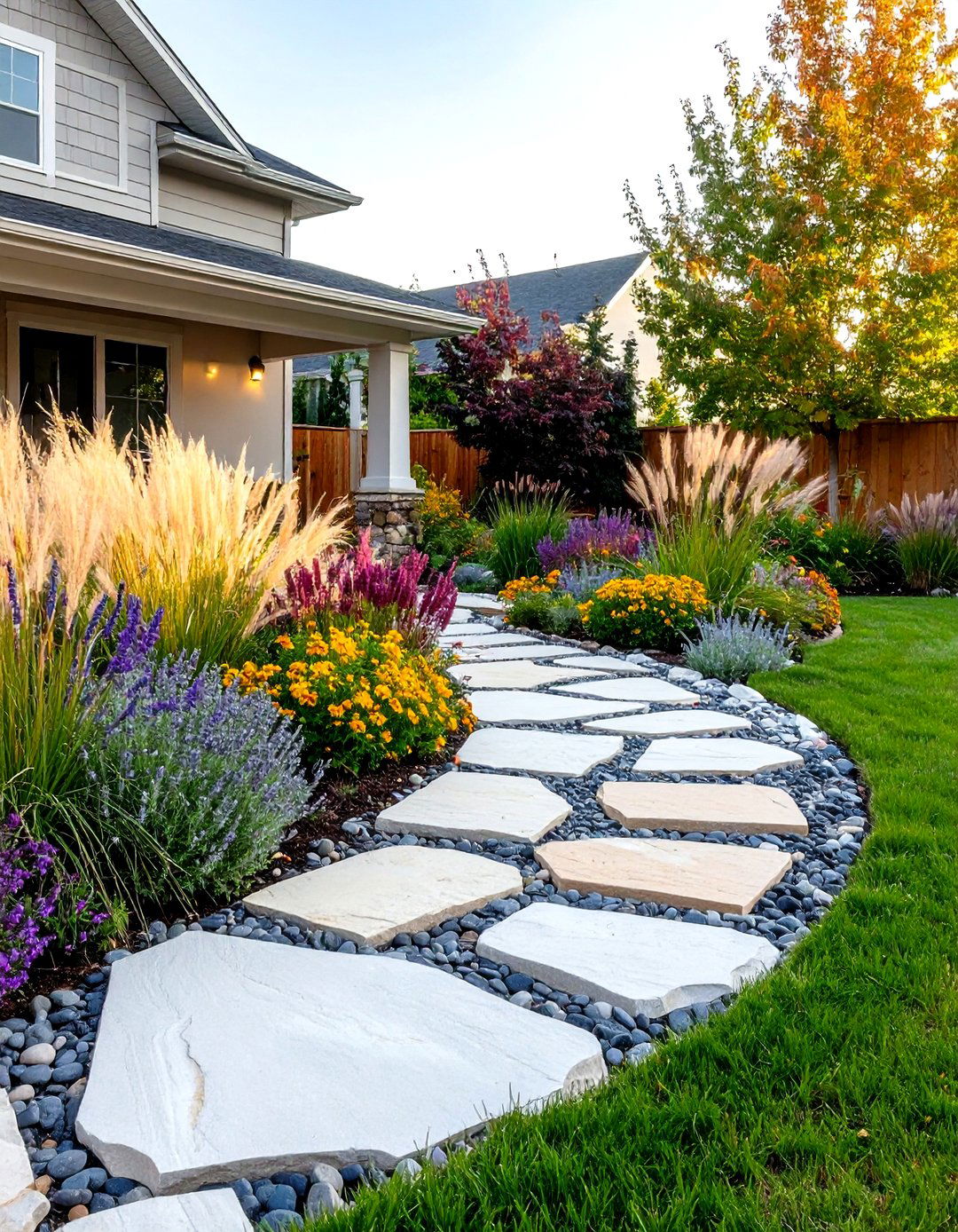 Flagstone Entry Patio with Native Plant Borders - 24 Front Yard Patio Ideas