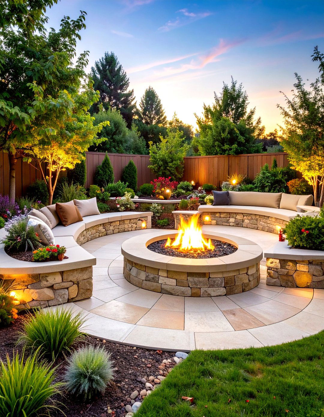 Flagstone Stamped Concrete Patio with Curved Fire Pit - 24 stamped concrete patio with fire pit ideas