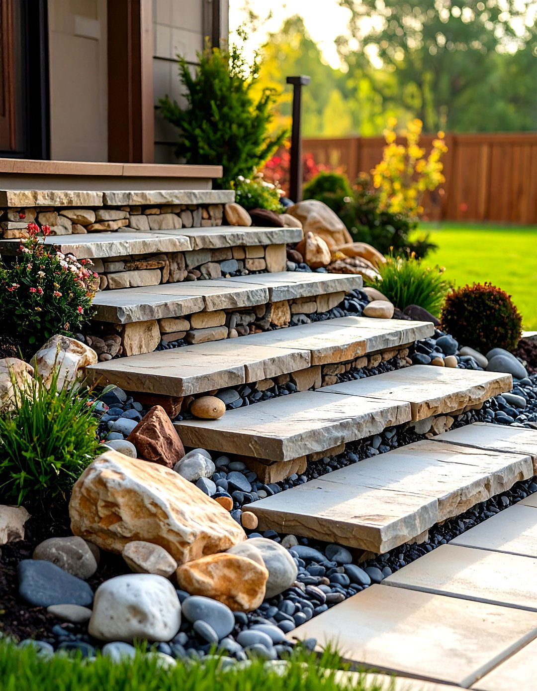 Flagstone Steps with River Rock Accents - 24 Flagstone Steps
