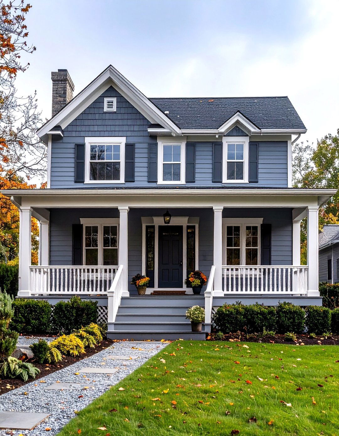 Flint Gray Exterior with Wraparound Porch - 24 Gray Exterior House Paint Ideas