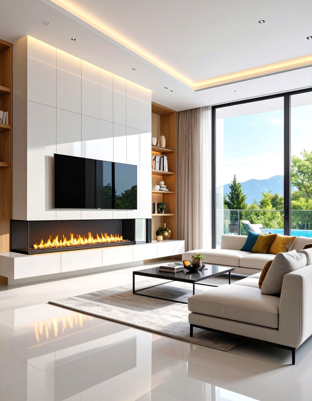 Floating Linear Fireplace with Glass Shelves - 24 Linear Fireplace Ideas With Tv Above