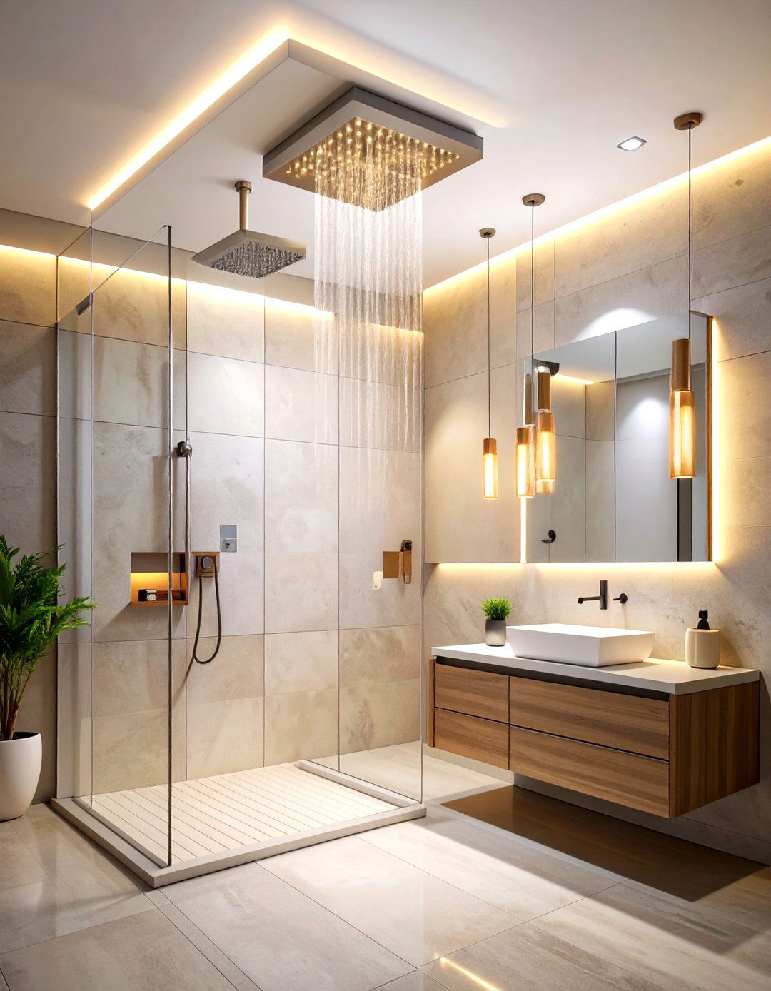 Floating Linear LED Light Fixtures for Contemporary Style - 24 Shower Lighting Ideas