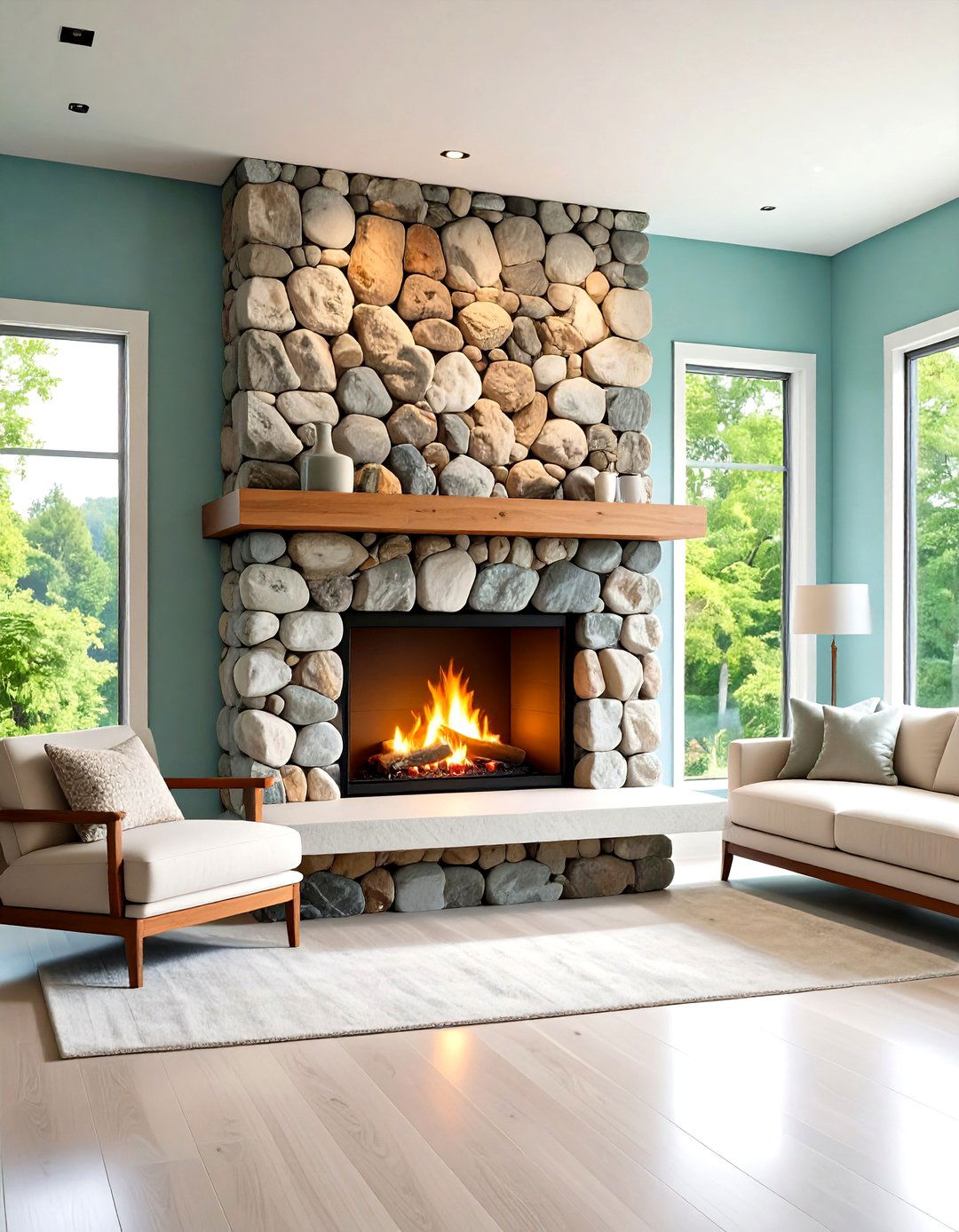 Floating Mantel River Rock Fireplace - 24 River Rock Fireplace Ideas