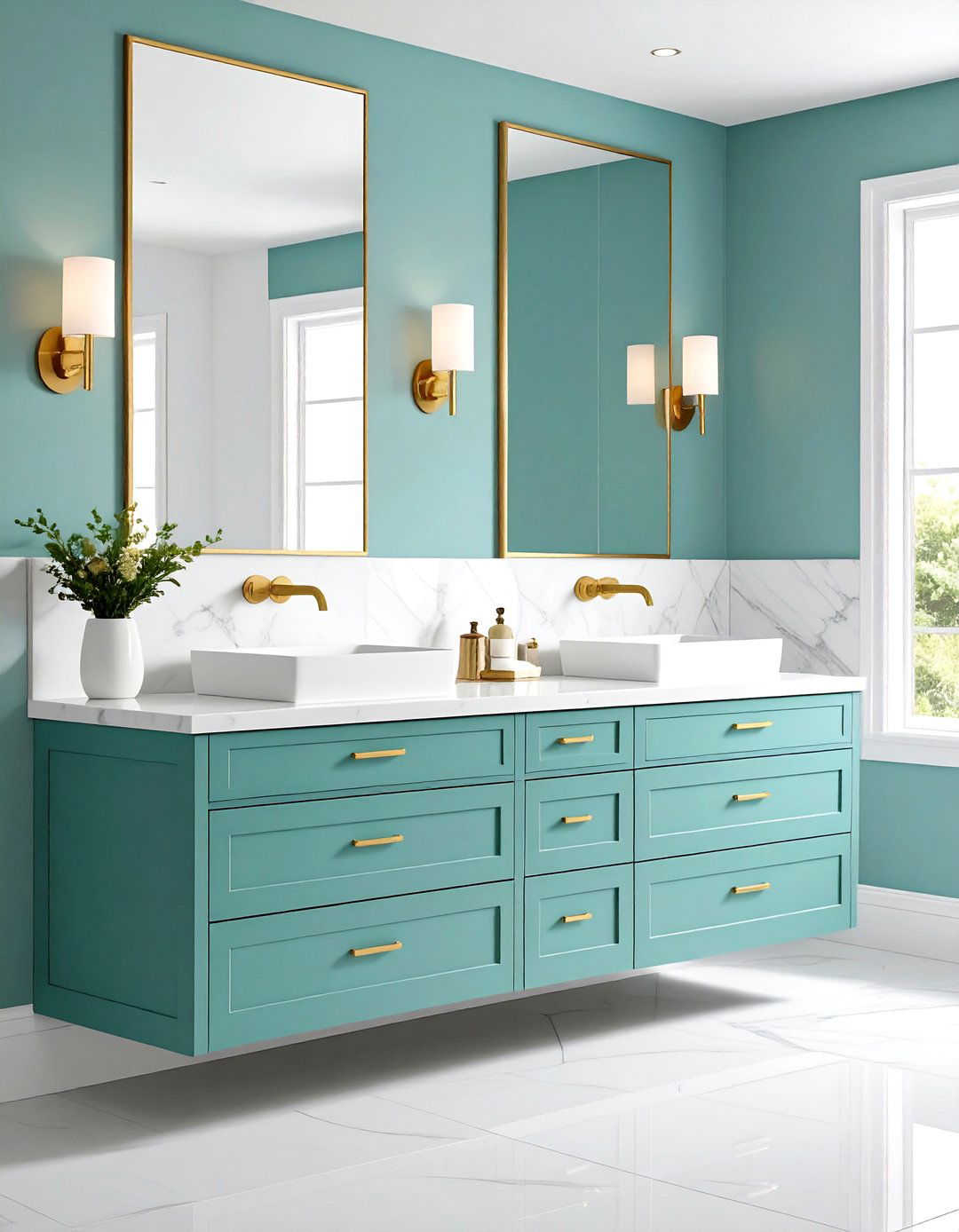 Floating Mint Green Vanity with Gold Hardware - 24 Mint Green Bathroom Ideas