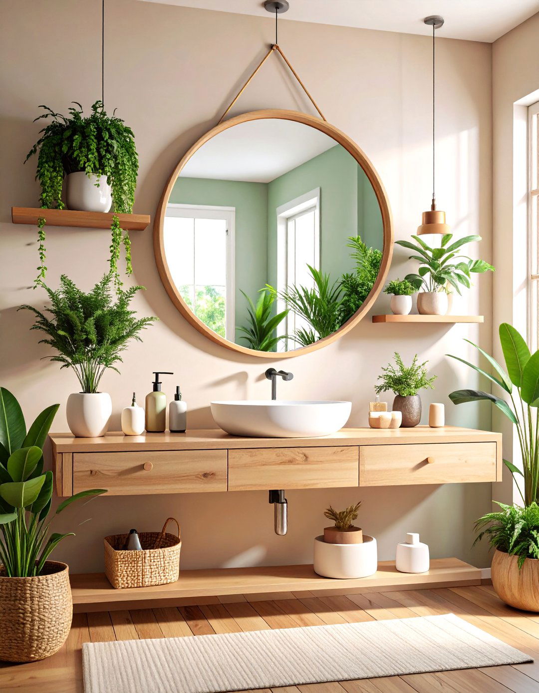 Floating Round Mirror with Integrated Shelf Display - 24 Bathroom Mirror Ideas