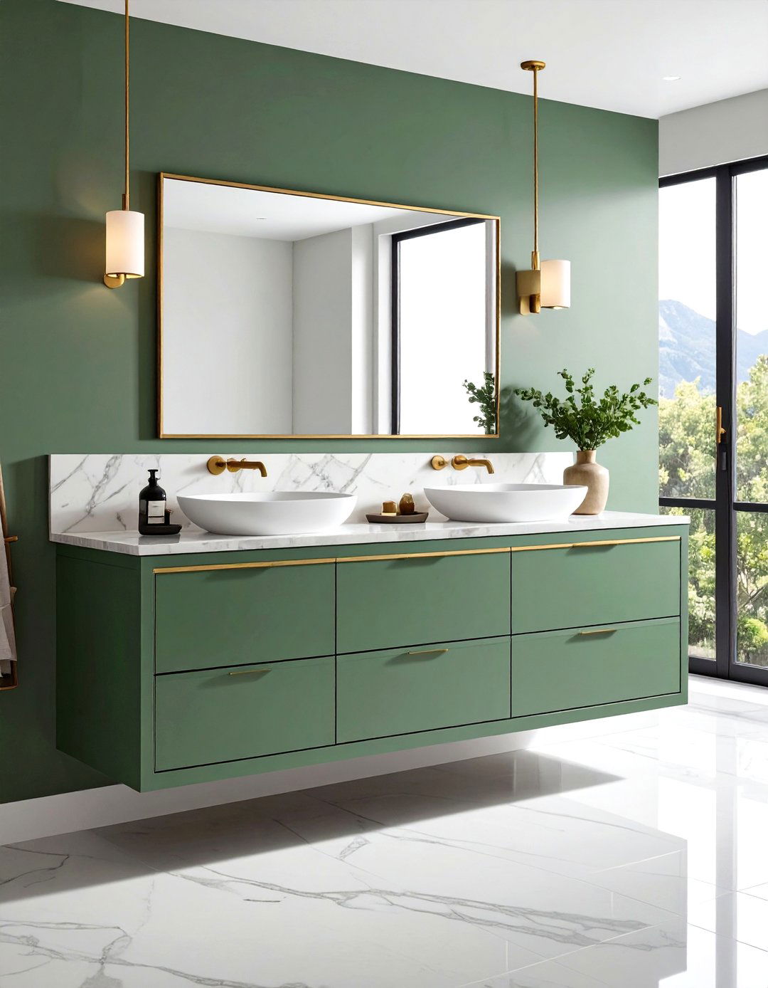 Floating Sage Green Vanity with Cream Marble - 24 Sage Green and Cream Bathroom Ideas