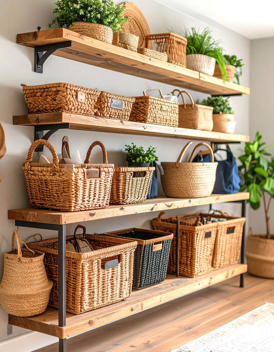 Floating Shelves with Basket Storage - 24 Farmhouse Mudroom Ideas