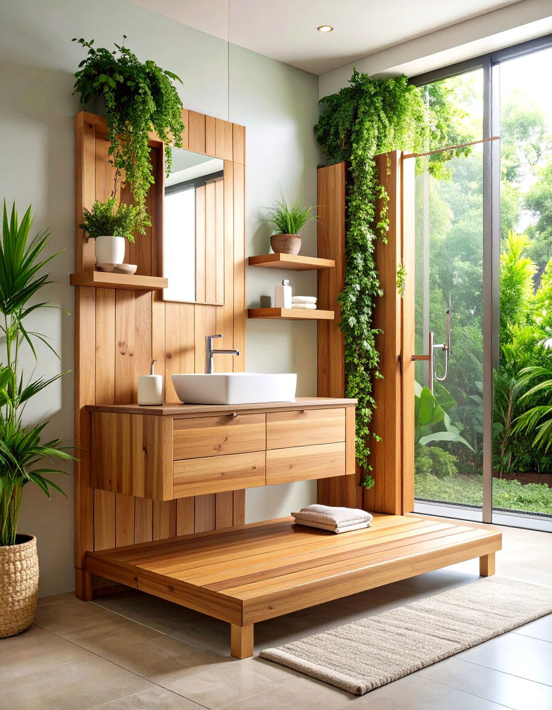 Floating Teak Shower Bench with Storage - 24 Small Bathroom Walk in Shower Ideas