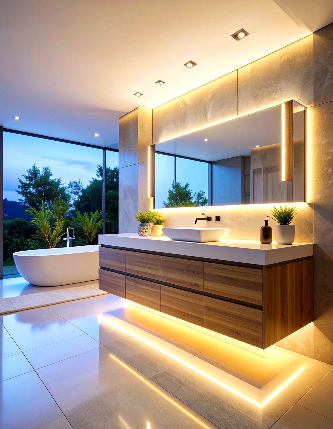 Floating Vanity with Integrated Under Cabinet LED Strips - 24 Small Bathroom Lighting Ideas