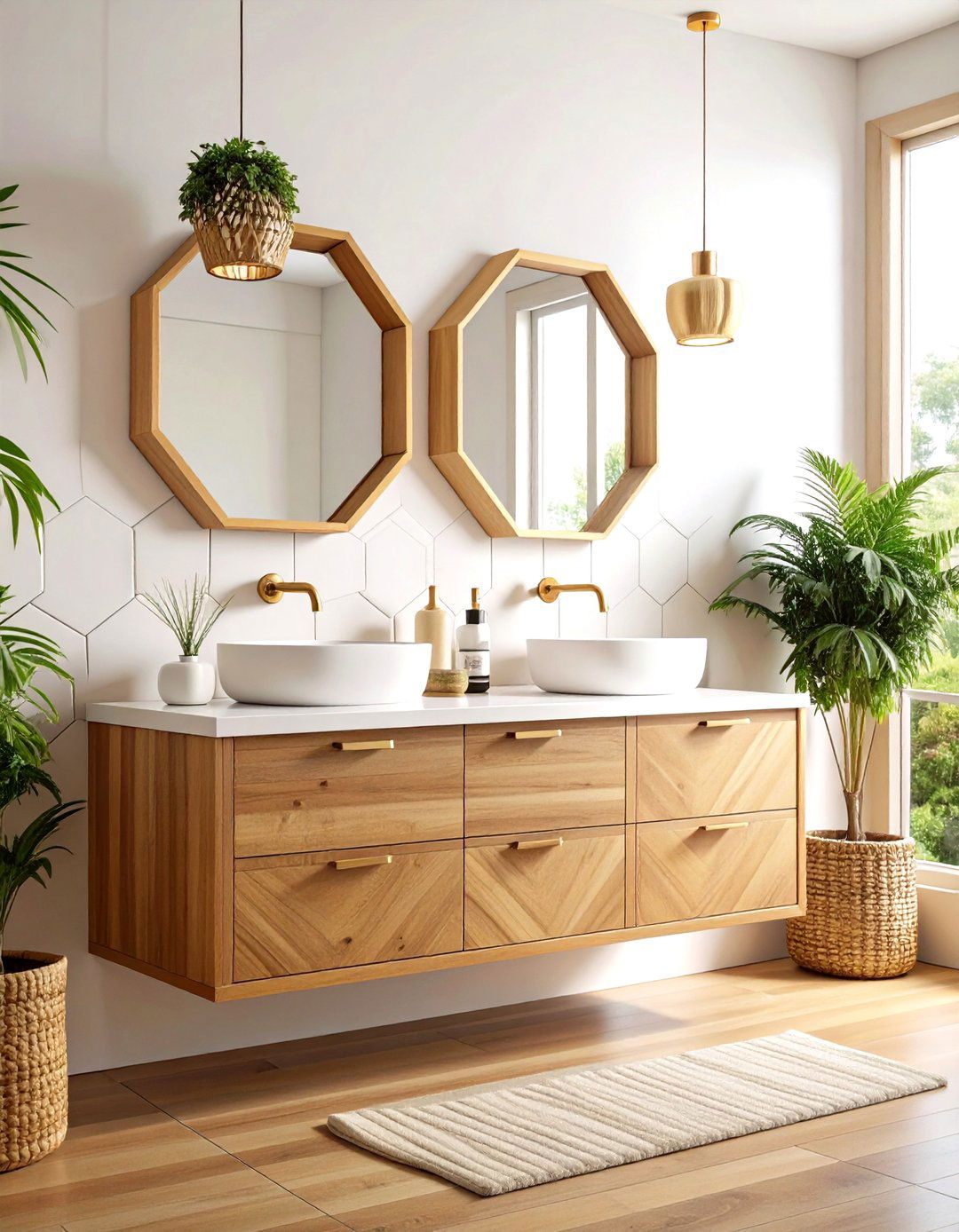 Floating Walnut Vanity Bathroom with Geometric Tile Backsplash - 24 Mid-century Modern Bathroom Ideas