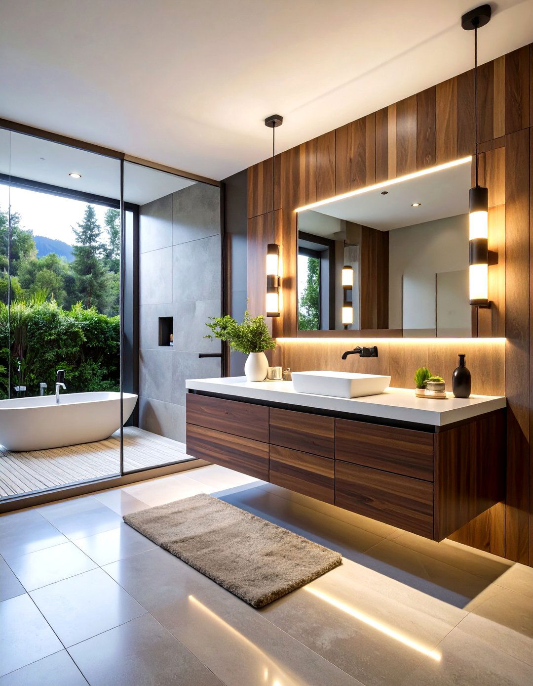 Floating Walnut Vanity with Clean Lines - 24 Wood Bathroom Vanity Ideas