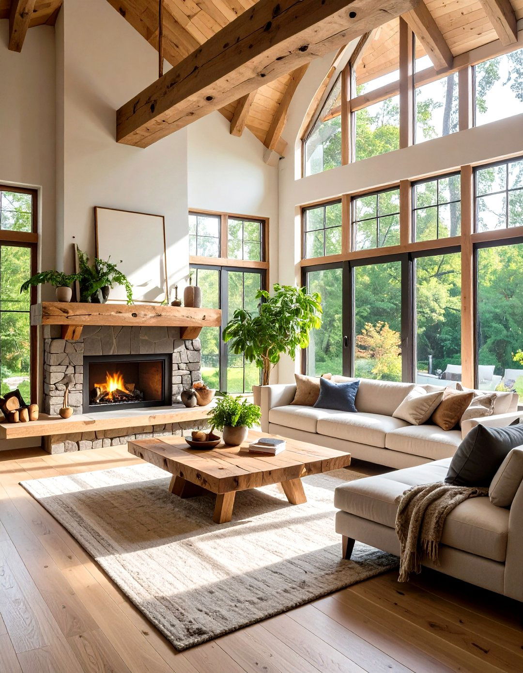 Floating Wood Mantel with Picture Windows - 24 Fireplace Between Windows Ideas