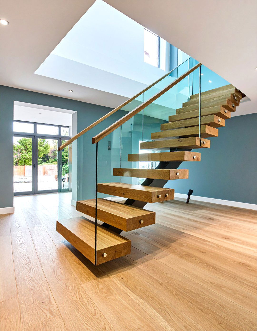 Floating Wooden Basement Stairs with Glass Balusters - 24 Basement Stair Ideas