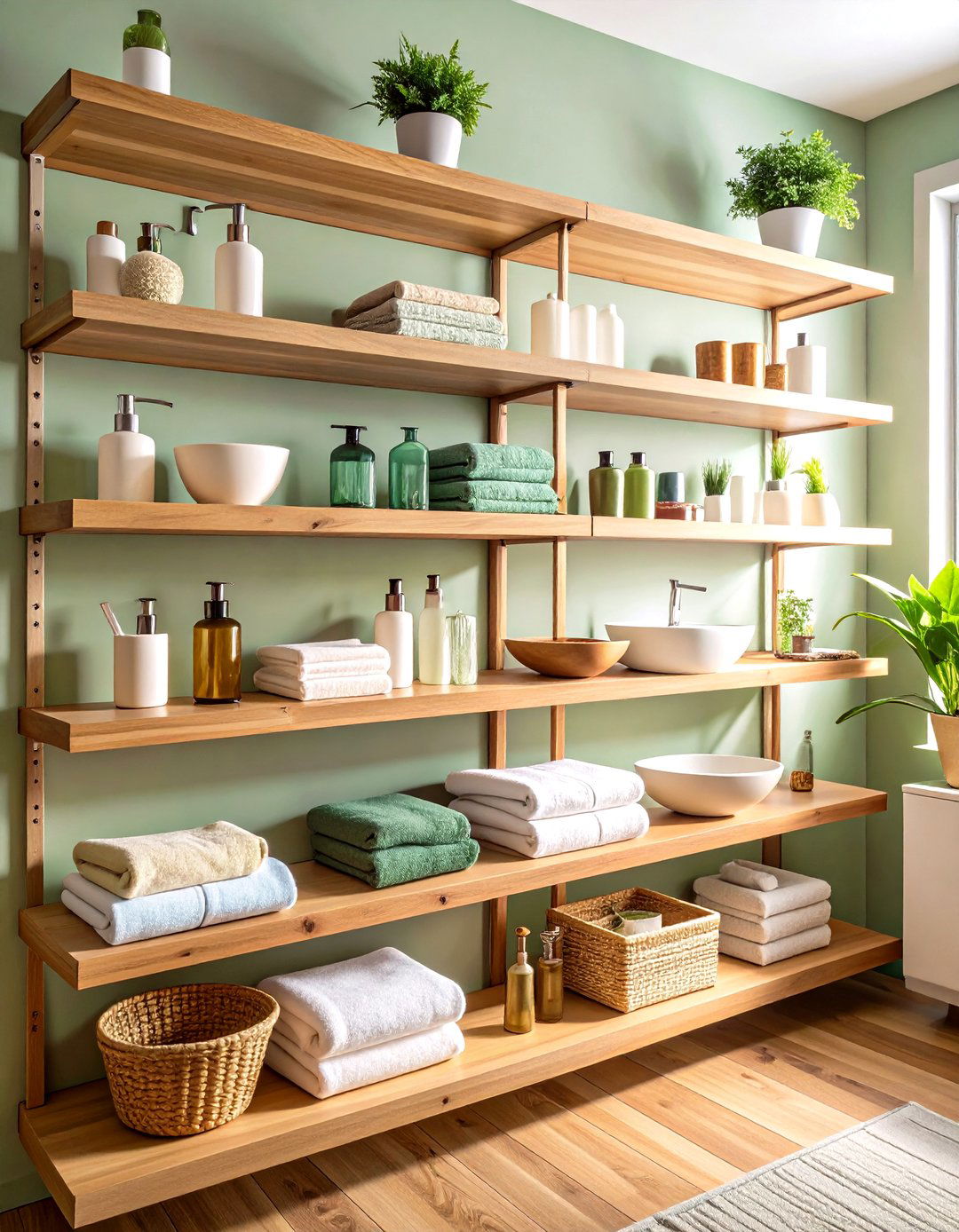 Floating Wooden Shelves - 24 Cozy Bathroom Ideas