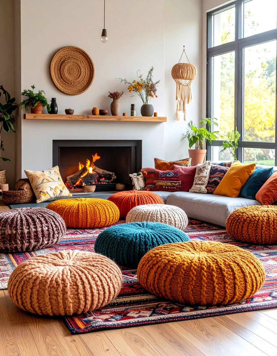 Floor Cushion Casual Cluster - 24 Chairs in Front of Fireplace Ideas