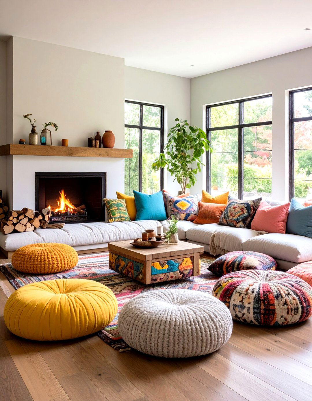 Floor Cushion Casual Seating - 24 Fireplace Seating Ideas