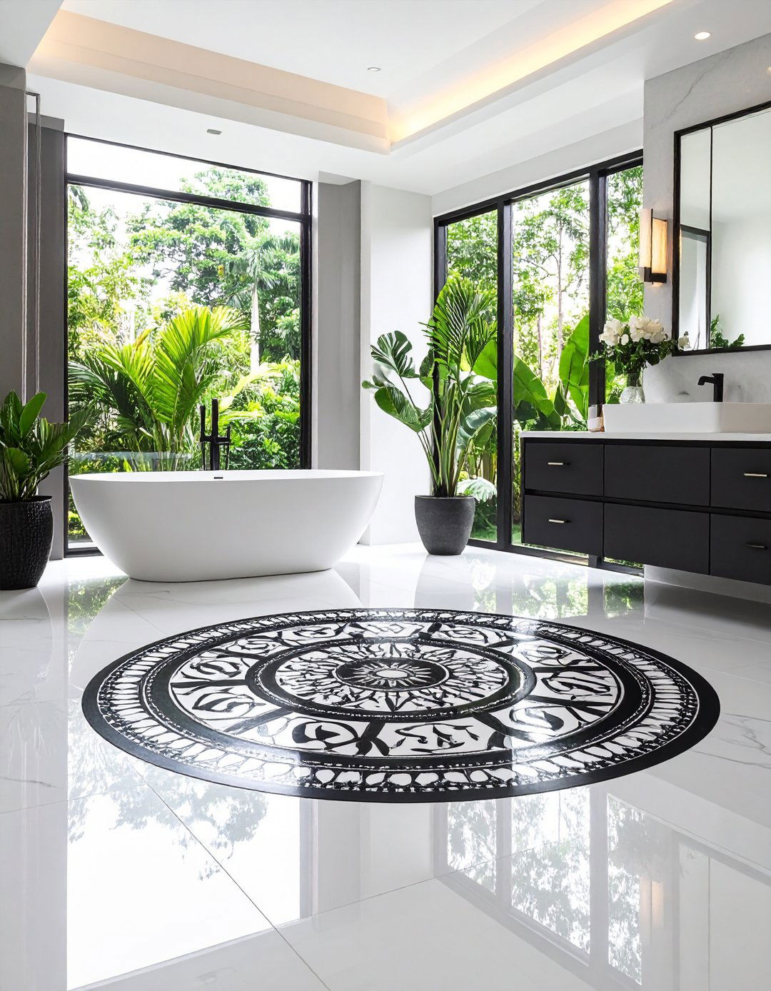 Floor Medallion Centerpieces - 24 Black and White Bathroom Tile Ideas