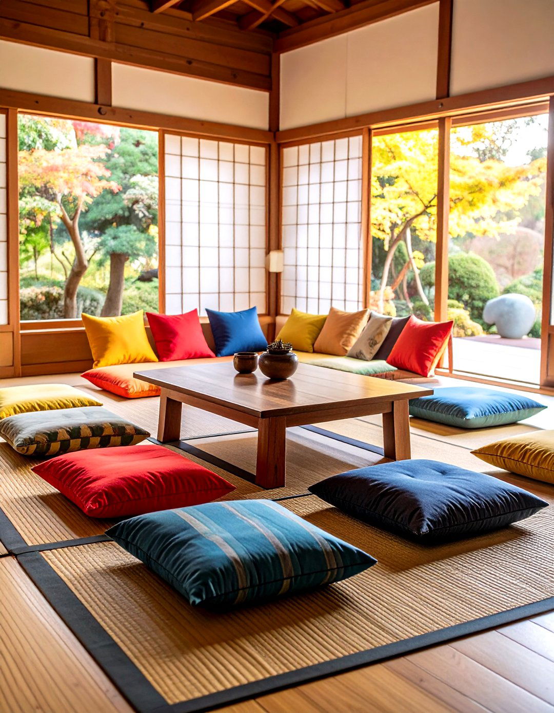 Floor Seating with Zabuton Cushions - 24 Japanese Style Living Room Ideas