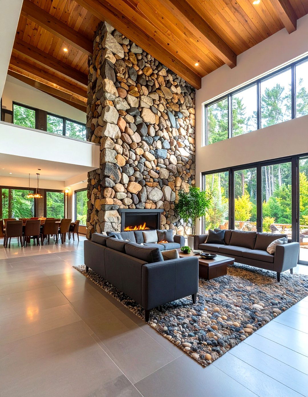 Floor to Ceiling River Rock Feature Wall - 24 River Rock Fireplace Ideas