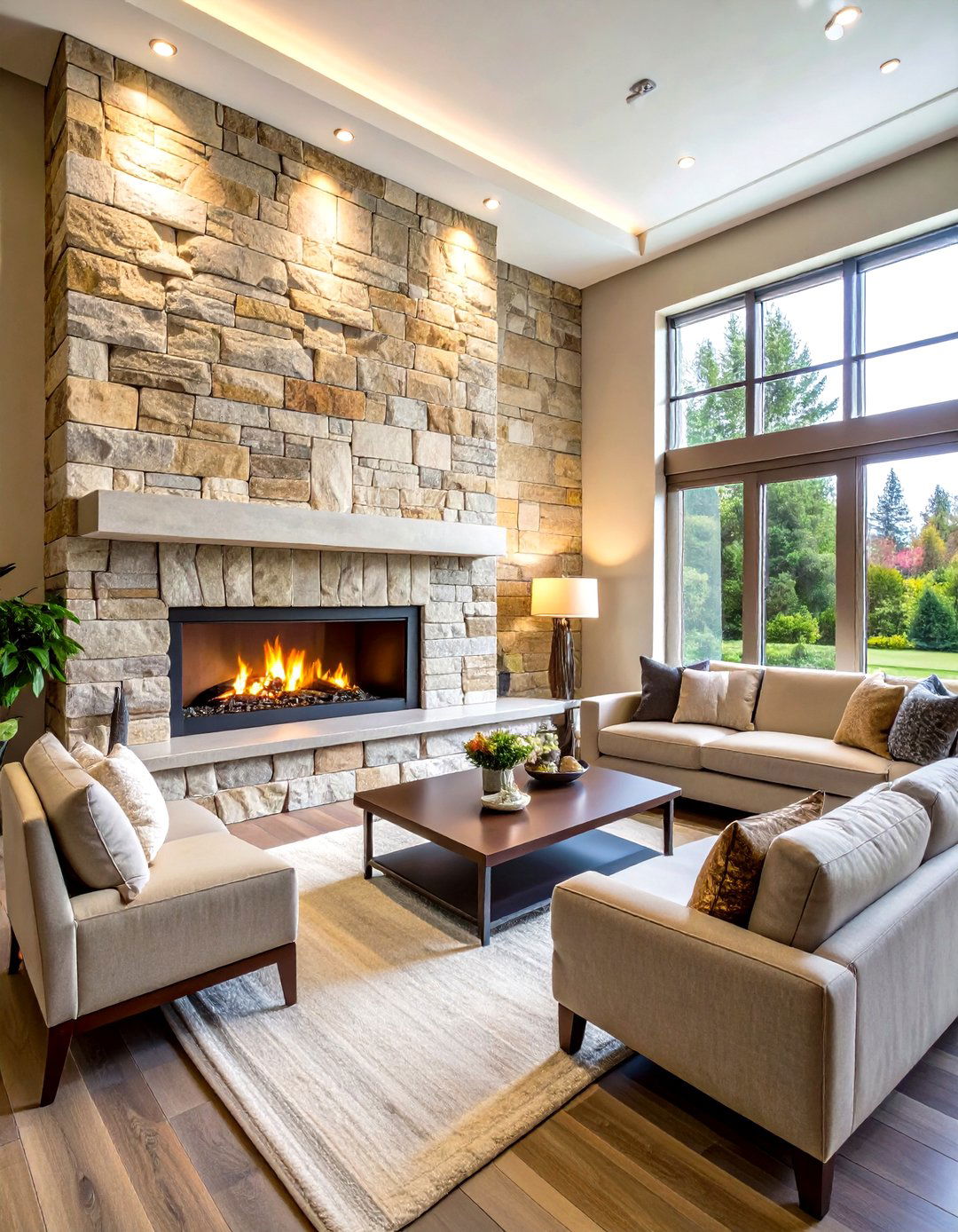 Floor to Ceiling Stone Feature Wall Fireplace - 24 Stone Fireplace Ideas