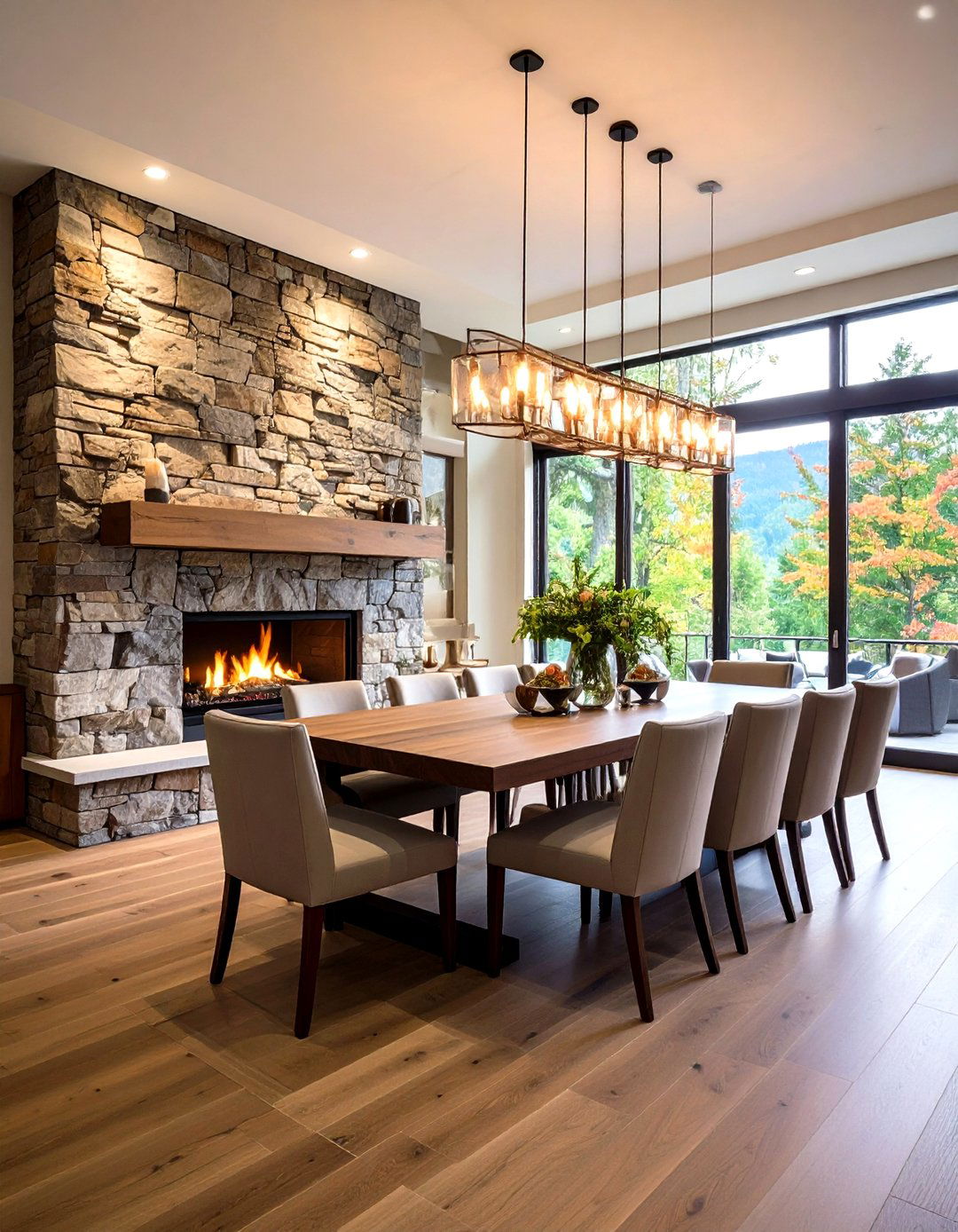 Floor to Ceiling Stone Feature Wall - 24 Dining Room With Fireplace Ideas