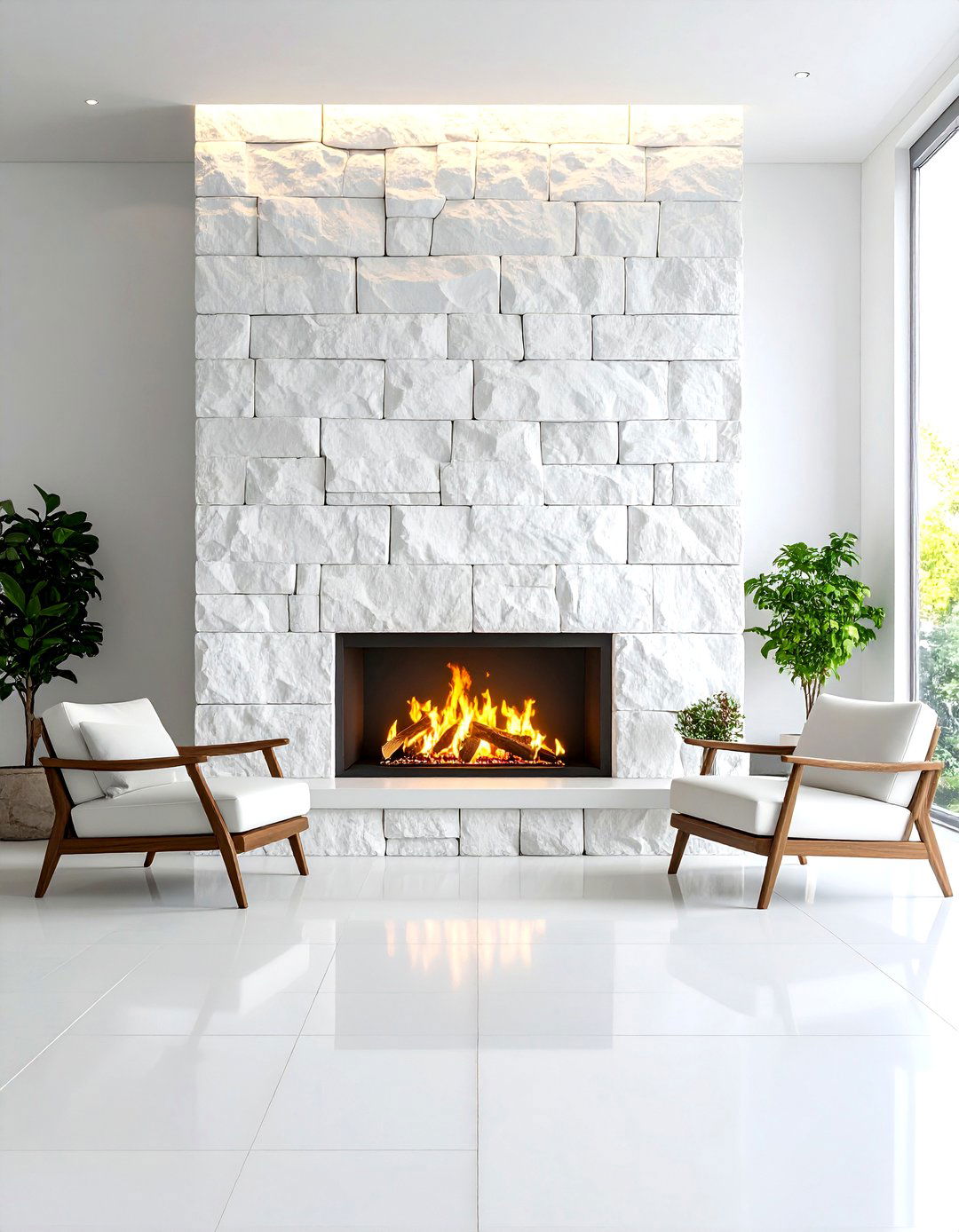 Floor to Ceiling White Limestone Wall - 24 White Stone Fireplace Ideas