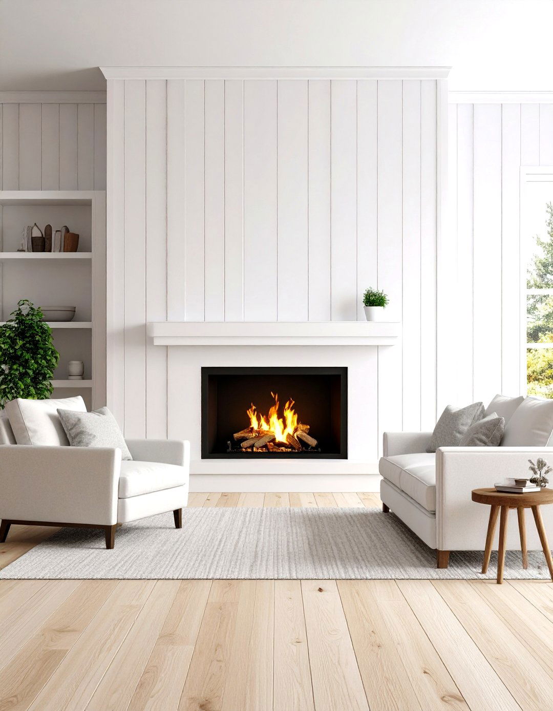 Floor to Ceiling White Shiplap Fireplace Wall - 24 White Fireplace Ideas