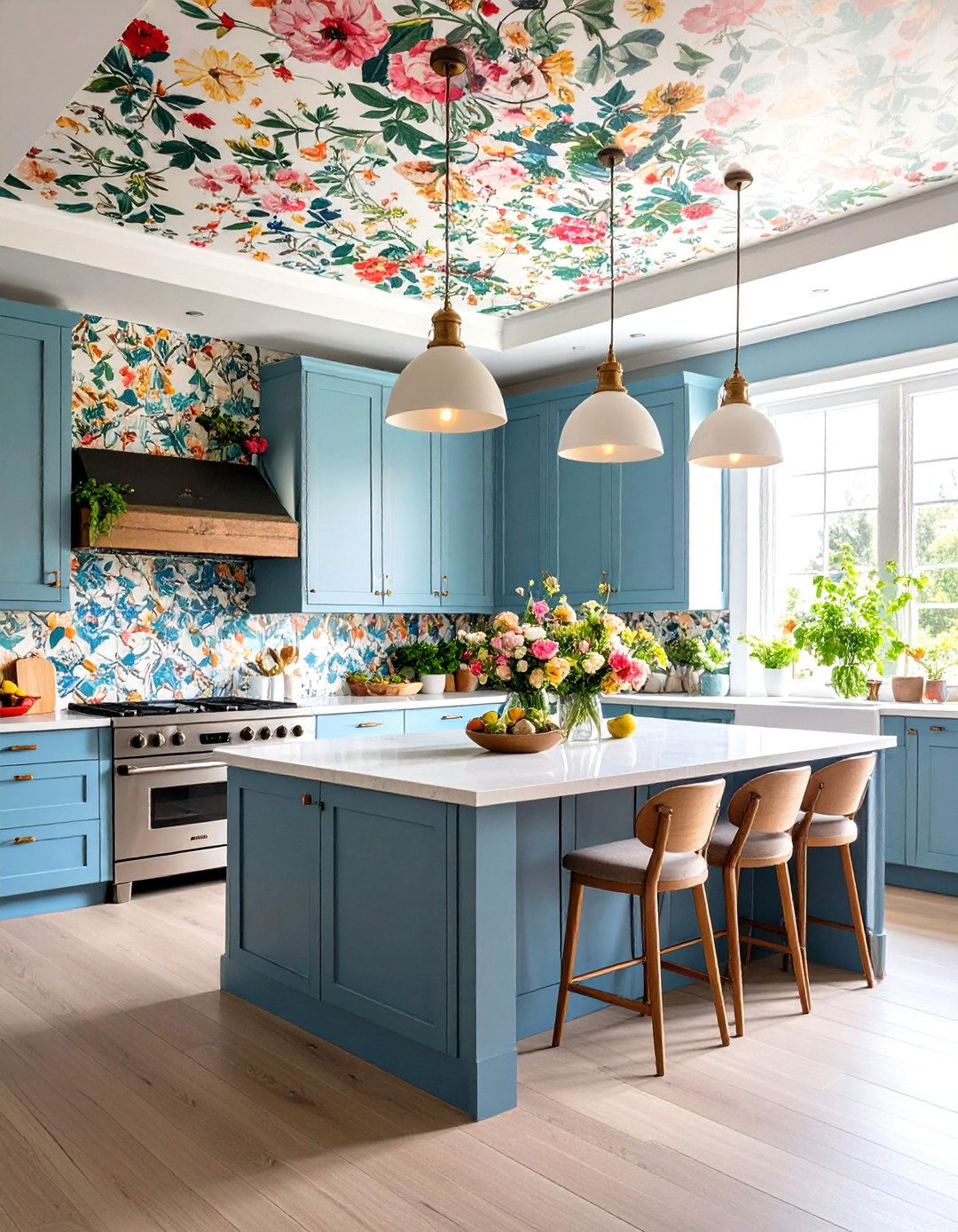 Floral Ceiling Kitchen with Coordinated Patterns - 24 Maximalist Kitchen Decor Ideas