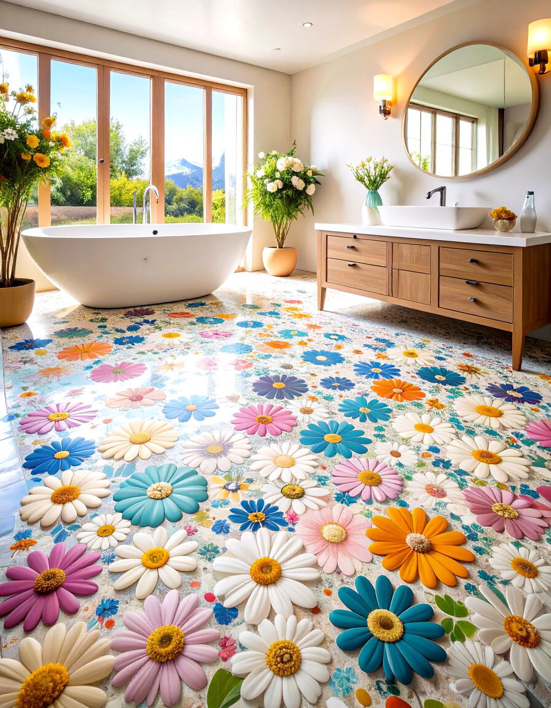 Flower Pattern Accent Design - 24 Penny Tile Bathroom Floor Ideas