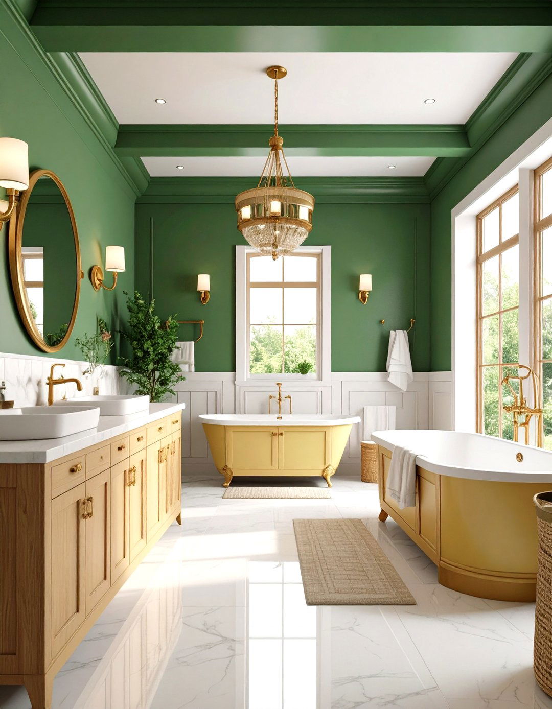 Forest Green Accent Ceiling with Creamy Yellow Cabinetry - 24 Yellow and Green Bathroom Ideas