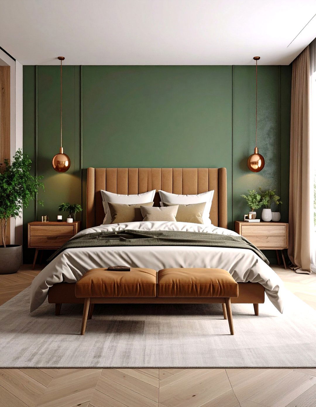 Forest Green Accent Wall with Tan Brown Bedding - 24 Green and Brown Bedroom Ideas