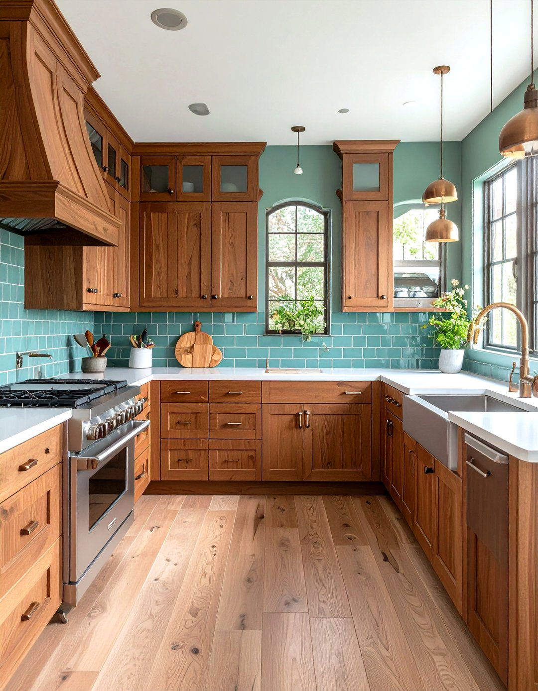 Forest Green Backsplash with Brown Wood Cabinets - 24 Green and Brown Kitchen Ideas