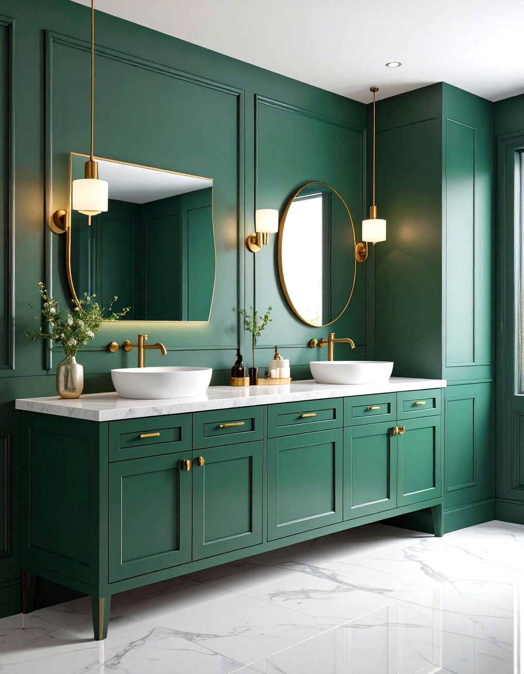 Forest Green Bathroom Vanity with Marble Countertops - 24 Forest Green Bathroom Ideas