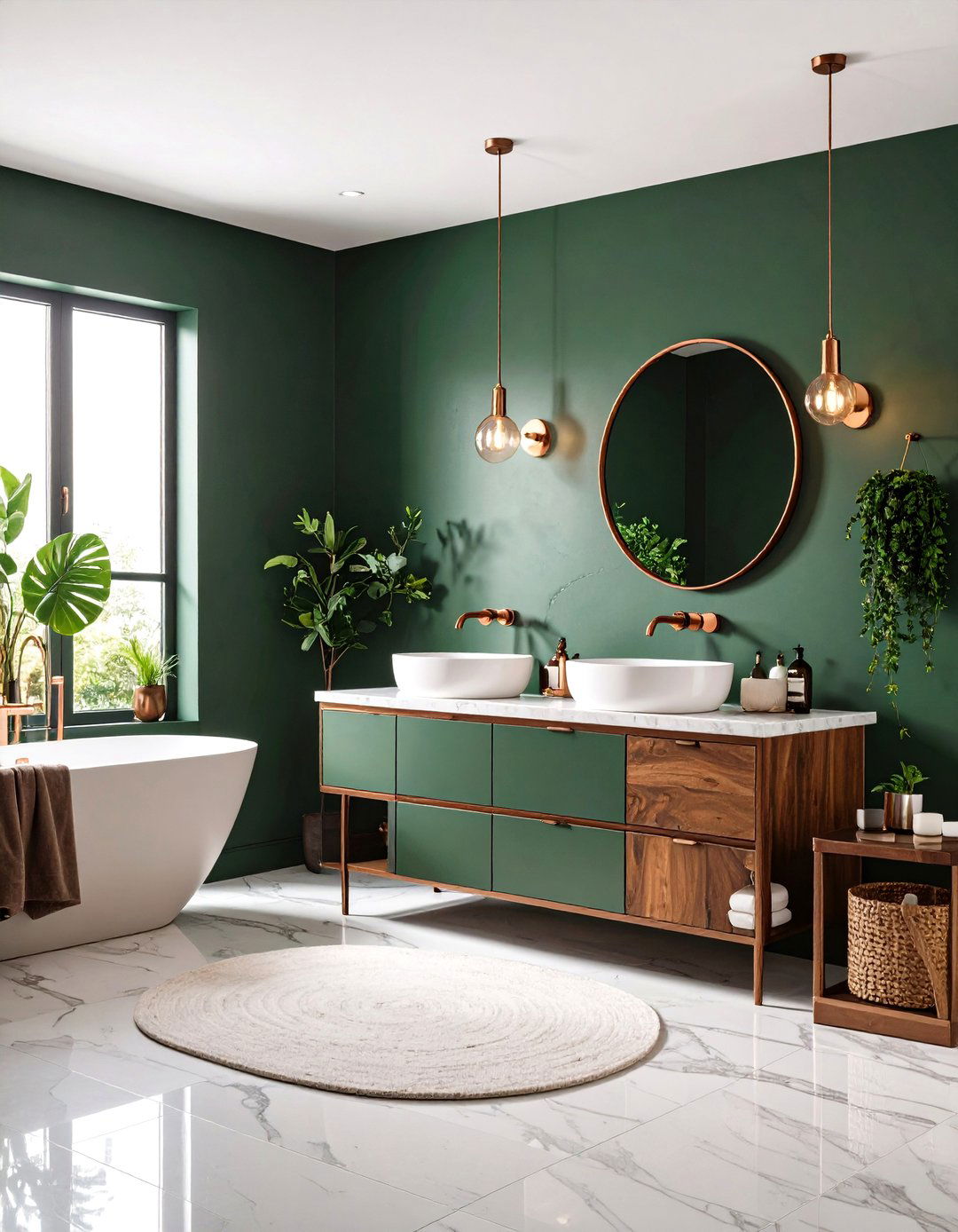 Forest Green Bathroom with Copper Details - 24 Bathroom Color Ideas