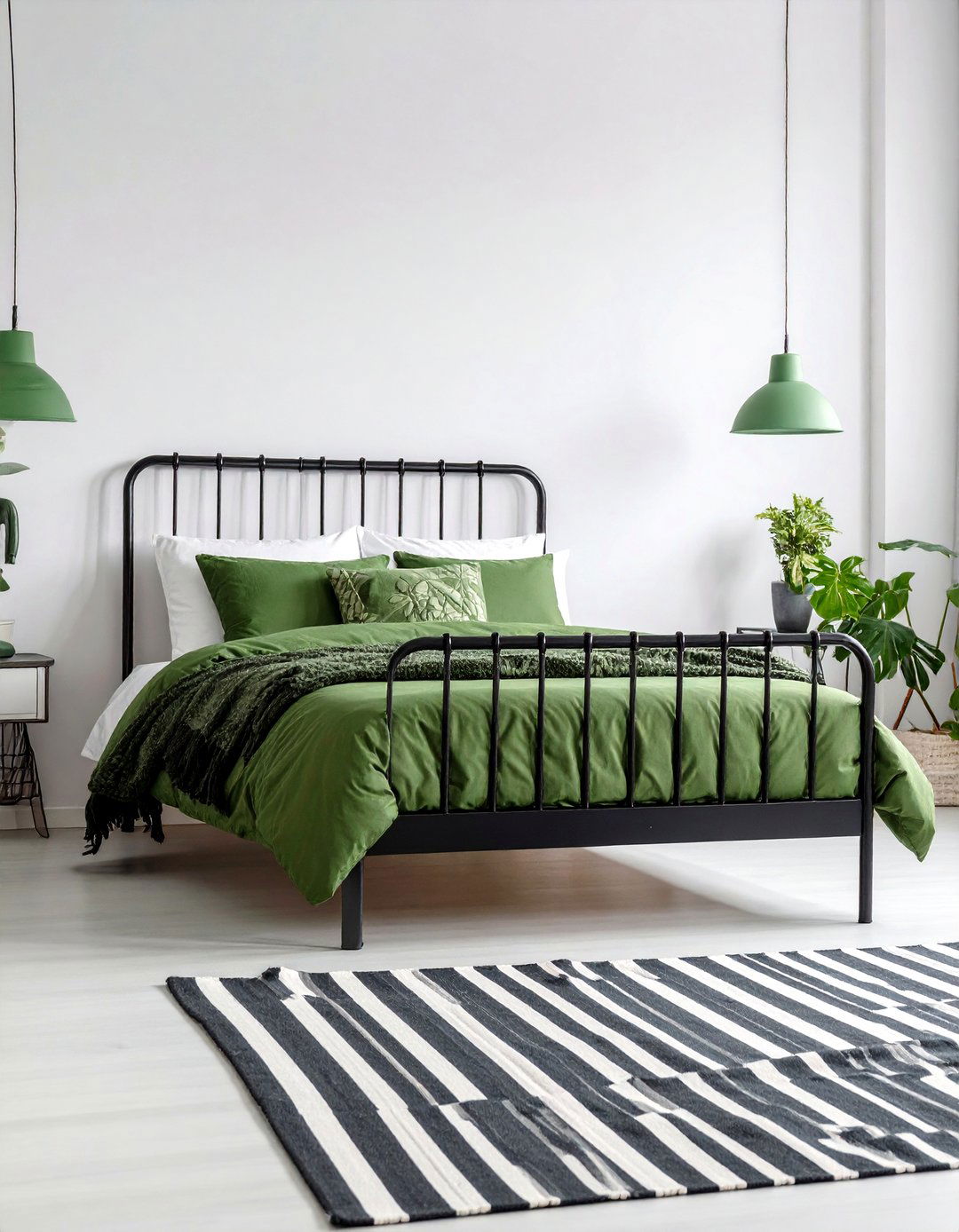 Forest Green Bedding with Black Metal Frame - 24 Black and Green Bedroom Design Ideas
