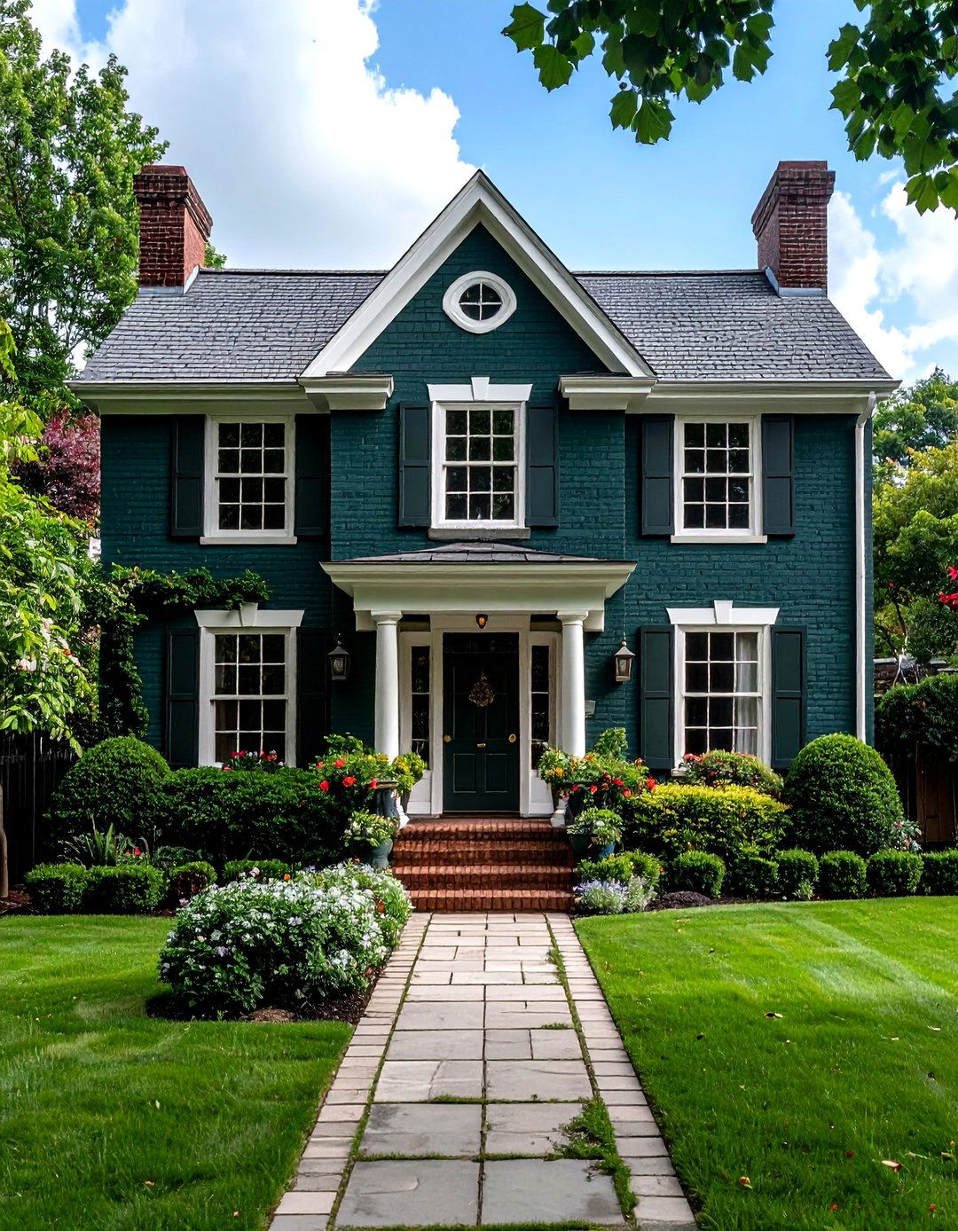 Forest Green Brick with White Trim Classic - 24 Green Brick Exterior Home Ideas