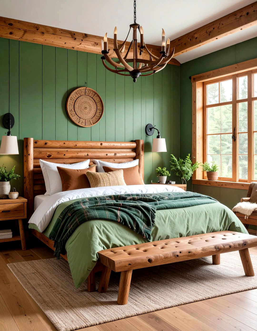 Forest Green Cabin Bedroom with Plaid and Leather Accents - 24 Dark Green Bedroom Ideas
