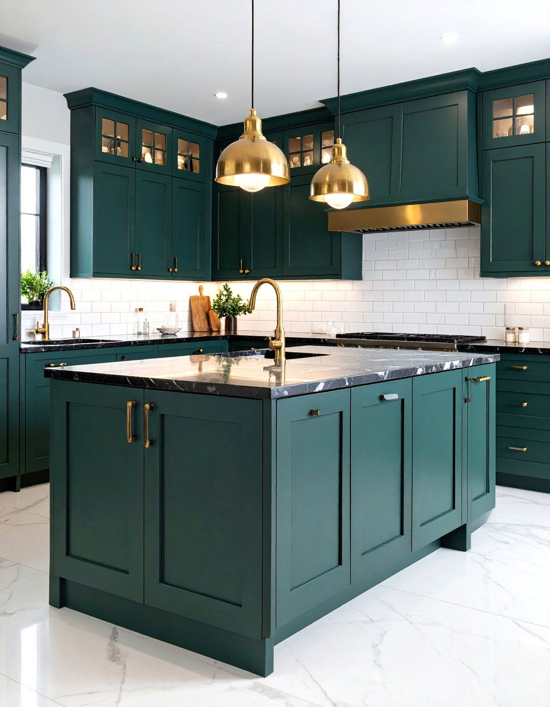 Forest Green Cabinets with Black Marble Countertops - 24 Black and Green Kitchen Ideas