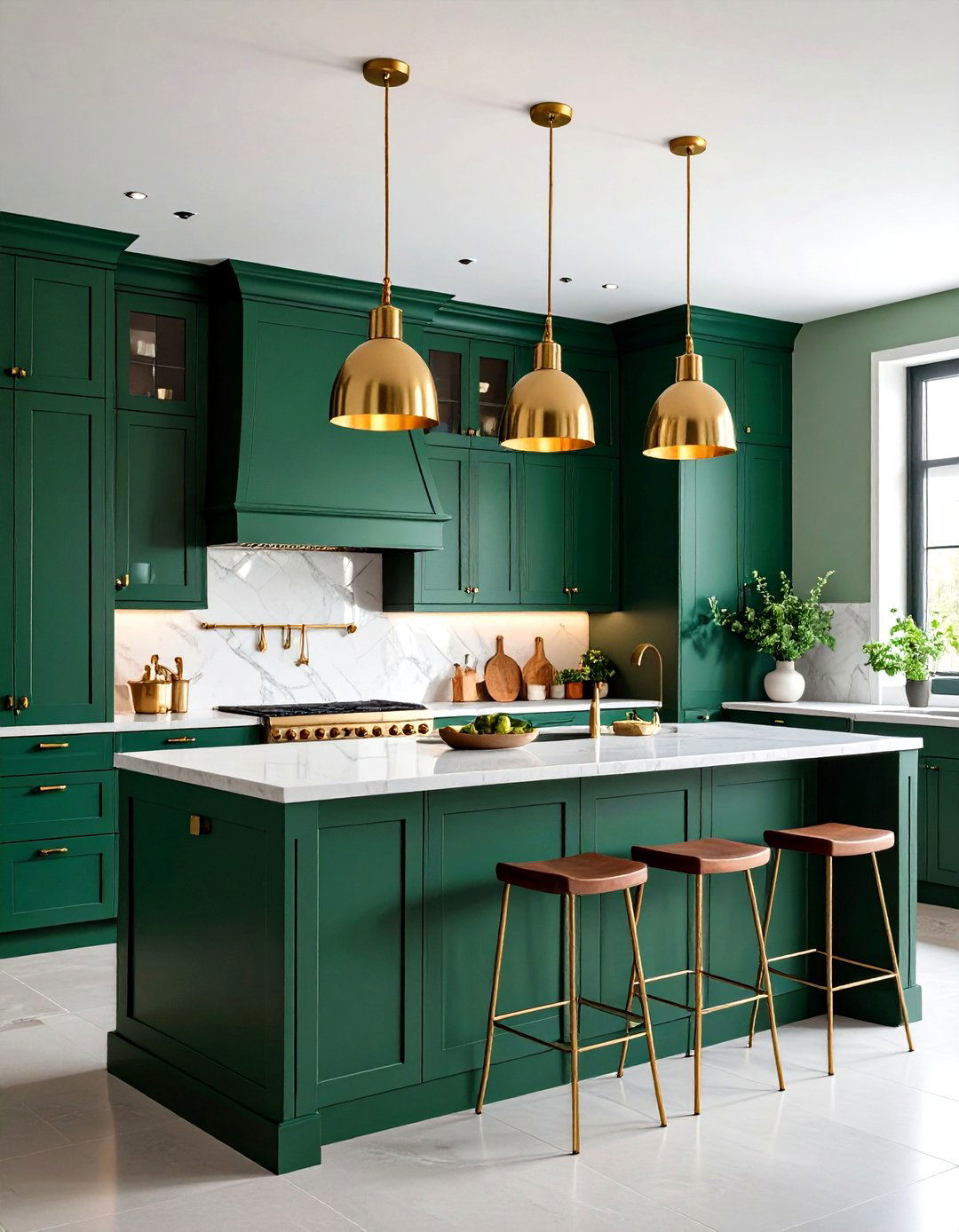 Forest Green Cabinets with Brass Ceiling Fixtures - 24 Forest Green Kitchen Ideas