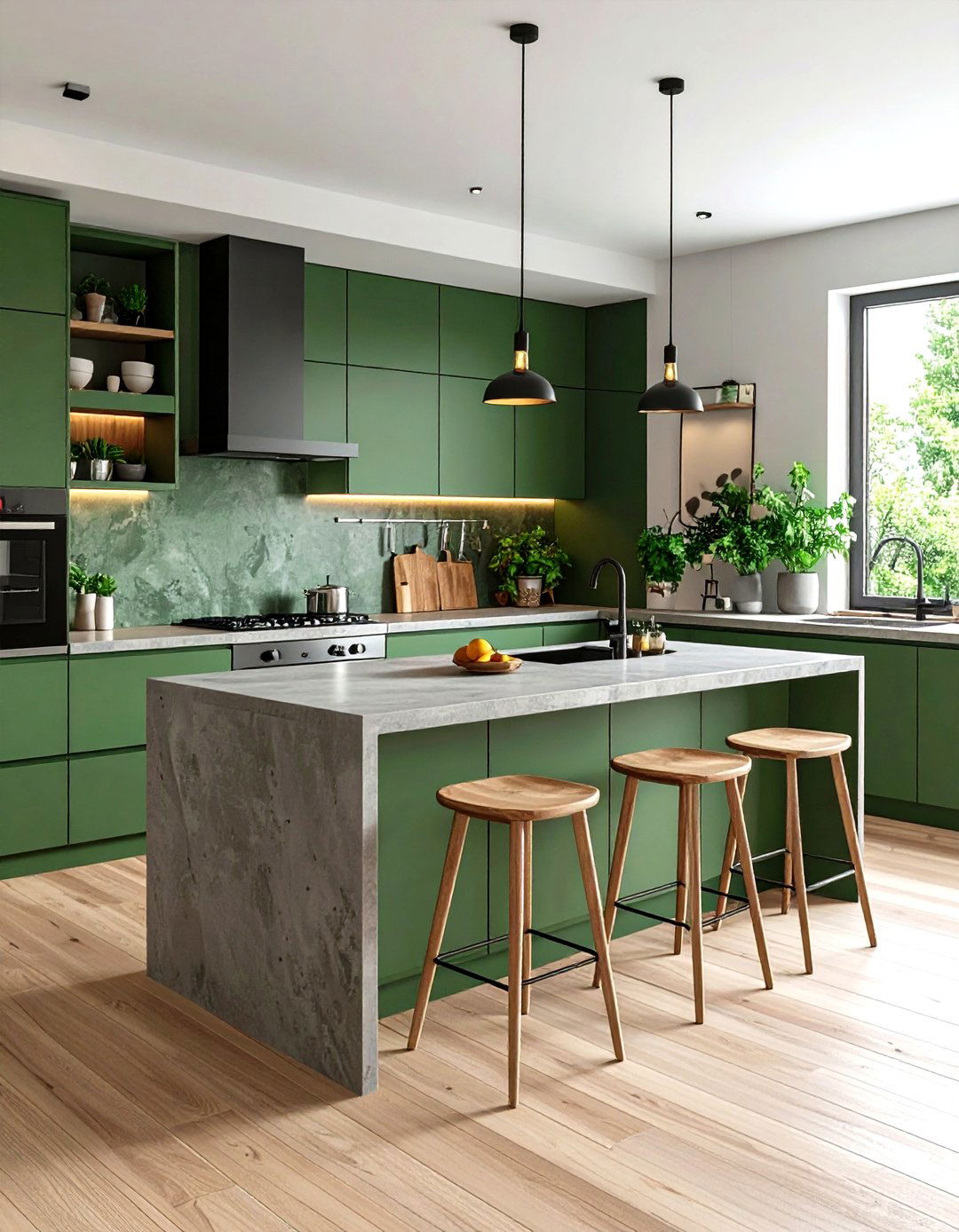Forest Green Cabinets with Concrete Countertops - 24 Forest Green Kitchen Ideas